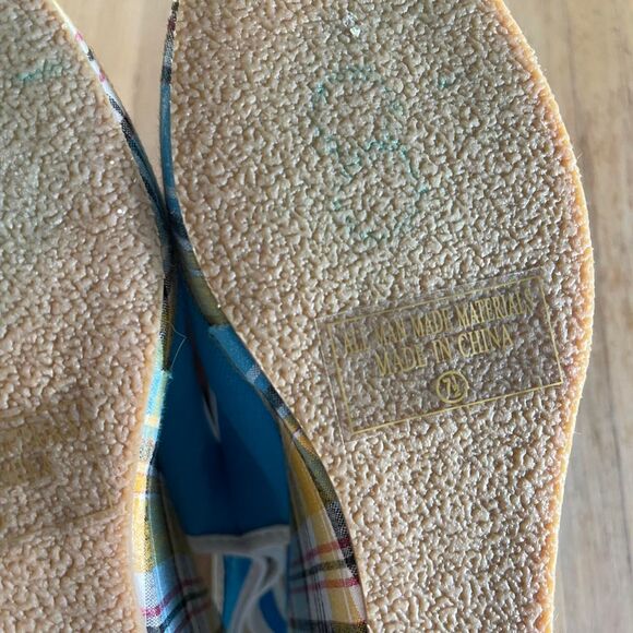 Vintage Y2K Blue Plaid Wedge Sandals Slingback Canvas Platform Shoes Size 7.5 - Picture 7 of 8